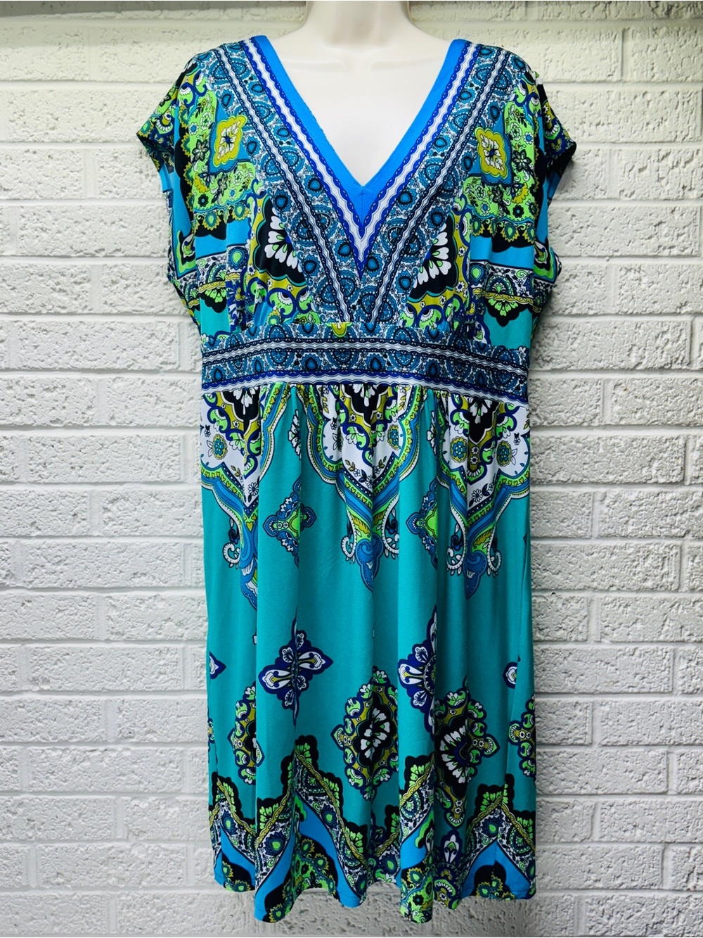KIARA XL Teal Blue Paisley V-Neck Stretch BOHO Cap Sleeve Shirred Waist • VG‼